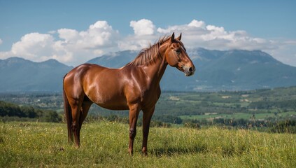 Fototapeta premium Equine standing in a highland meadow under a clear summer sky
