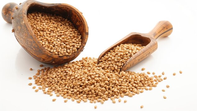 Wooden bowl and scoop filled with sorghum grains on a white surface showing full depth of field