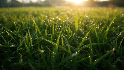 Morning sunlight illuminating dew-covered grass blades, nature's early shimmer