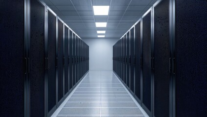 Rows of operational server cabinets inside a data facility. Represents advanced tech in telecom, cloud services, AI, data storage, and high-performance computing.