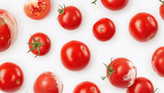 Assorted red tomatoes shown from various perspectives on a white backdrop