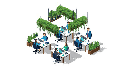 Isometric office workspace with greenery and diverse professionals collaborating
