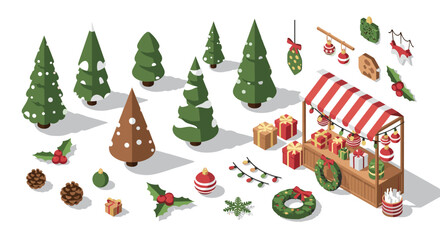 Naklejka premium Festive holiday market: isometric christmas trees, gifts, and decorations