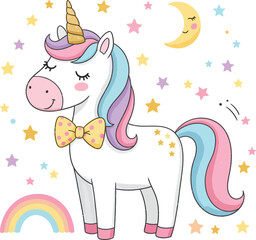 Naklejka premium Whimsical unicorn with rainbow and moon stars magical enchanted fantasy creature