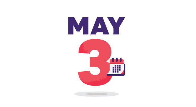 Illustrative design showcasing a specific date, May 3rd, with a graphical calendar and bold typography on a clean backdrop