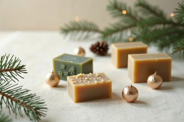 Pieces of natural coniferous soap handmade, surrounded by Christmas decorations. AI generated