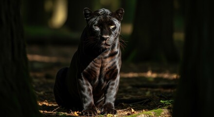 A majestic black cat rests in dappled sunlight within a dense forest, focused gaze, powerful and elegant