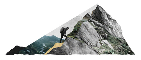 Collage Art Adventurer Climbing Steep Rock Face in Dramatic Mountain Landscape Isolate on Transparent Background, png