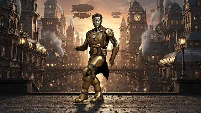 Steampunk Cyborg Robot-Dance in Victorian Clockwork City at Dusk
