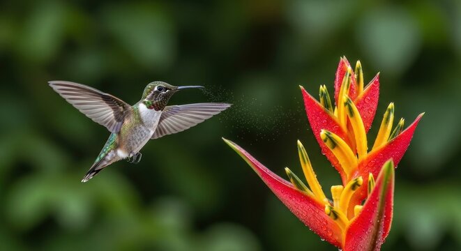 A hummingbird hovers mid-flight near a vibrant, exotic flower, with water droplets visible. Green foliage forms the background - Powered by Adobe