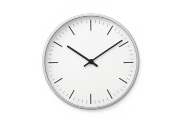Minimalist round analog wall clock showing time at 10:10. Time management concept on a transparent background