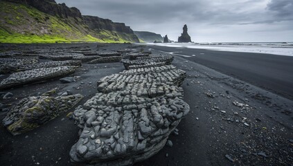 Dark volcanic stones on a shadowy shore