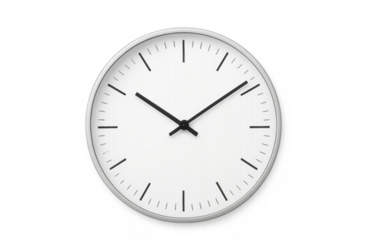 Minimalist round analog wall clock showing time at 10:10. Time management concept on a transparent background