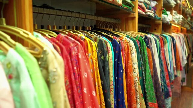 A colorful collection of Indian kurtis on a display rack at a clothing store