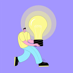 A character in modern clothing carries a large lamp. Vector illustration in a modern cartoon style. Big idea, brainstorming, and development.