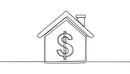Simple continuous line drawing of a house with a dollar sign