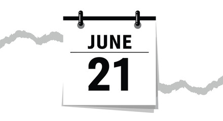 Minimalistic torn calendar leaf mockup, June 21st, marking the summer solstice or a significant event for time management in black and white tones