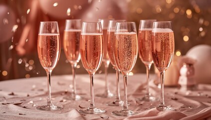 Group of seven pink champagne flutes sparkling at a festive event