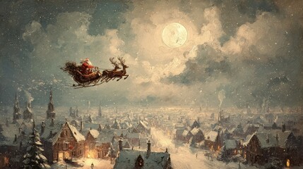 Santa Claus flying over a snow-covered village in a sleigh pulled by reindeer