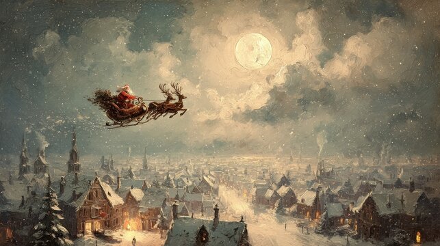 Santa Claus flying over a snow-covered village in a sleigh pulled by reindeer