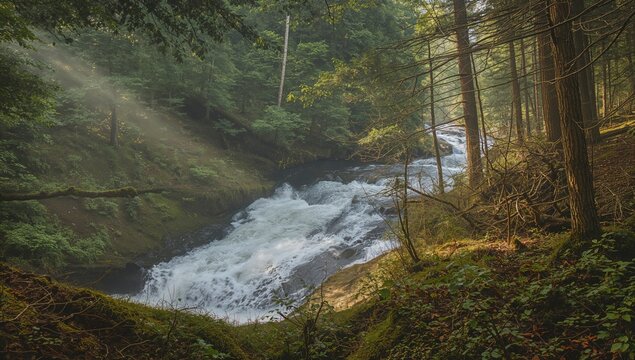 Powerful stream rushing through thick forest