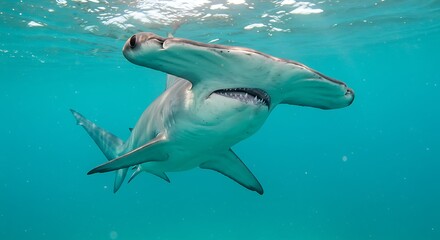 Obraz premium A close-up underwater shot of a hammerhead shark swimming gracefully in clear, turquoise water