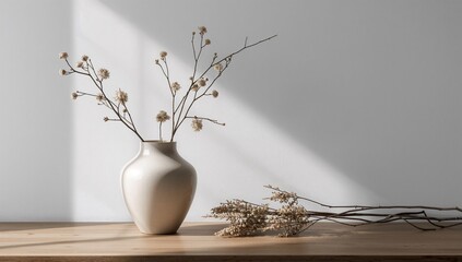 Simple vase featuring ornamental dried twigs on a plain white background
