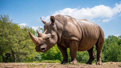 Fototapeta premium Outdoor daylight view of a rhinoceros with a prominent nose horn in a wildlife park