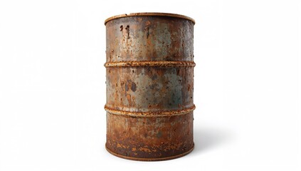 Aged corroded steel drum standing alone on a plain white backdrop