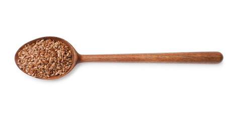 Flax seeds in spoon isolated on white, top view