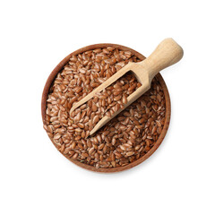 Flax seeds and scoop in bowl isolated on white, top view