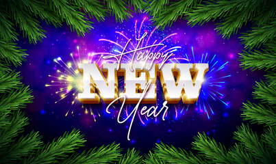 2026 Happy New Year Greeting Card Design with Gold White 3d Typography Lettering and Fir Branch Garland on Fireworks Explosion Background. Christmas Holiday Celebration Illustration for Calendar