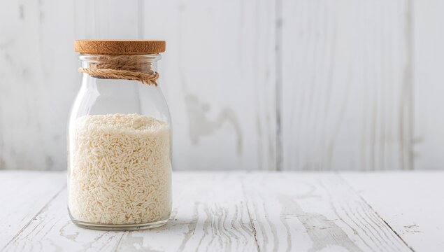 Glass container filled with rice flakes on a bright kitchen surface with a wooden lid.