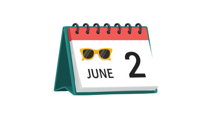 Illustrative calendar displaying June 2nd adorned with sunshine-yellow glasses, suggesting a bright start to summer festivities