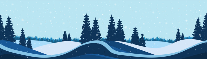 Naklejka premium Flat winter landscape with snow and wide-format banner. Snowy weather background. Minimal cold season vector illustration.