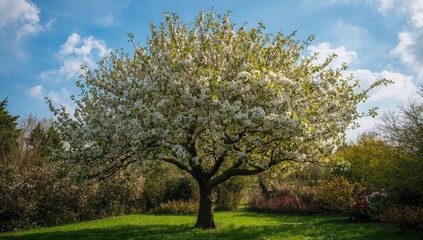 Fototapeta premium A blossoming pear tree in a garden during springtime