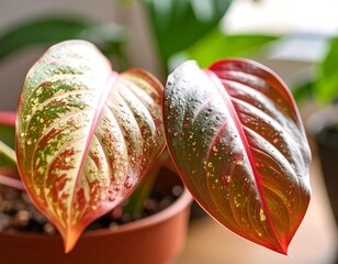 Close-up of vibrant red-and-cream patterned leaves