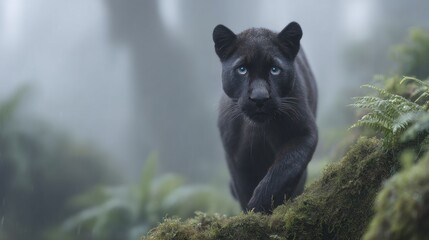 Obraz premium In a lush rainforest, a black panther moves quietly through the vibrant greenery, its sleek body blending with the surroundings. The air is thick with mist, adding mystery to this serene moment
