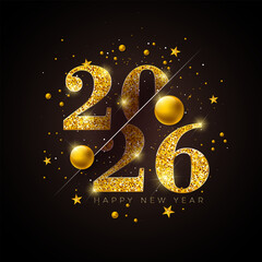 2026 Happy New Year Illustration with Glittered Typography Number and Christmas Ball on Black Background. Holiday Design with Christmas Ornaments for Flyer, Banner, Greeting Card, Celebration Poster