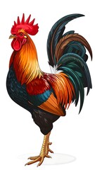 Colorful side view illustration of a proud rooster with vibrant plumage and detailed features
