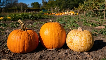 Three colorful pumpkins resting on the soil