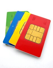 Colorful SIM cards arranged on a white backdrop, showcasing a vibrant array of communication tech