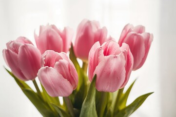 Fototapeta premium Floral arrangement featuring pink tulips with a softly blurred backdrop and space for a message.