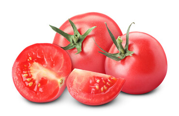 Fresh tomatoes isolated on white. Whole and sliced