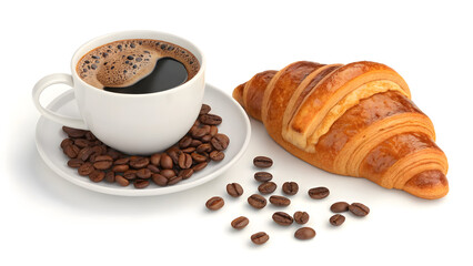 3D Isometric Icon – Coffee Cup, Croissant and Coffee Beans isolated on White