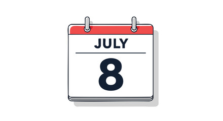 Simple calendar illustration showing July 8th, isolated on white background, perfect for reminders or event planning use and marketing materials
