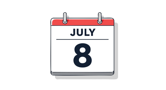 Simple calendar illustration showing July 8th, isolated on white background, perfect for reminders or event planning use and marketing materials