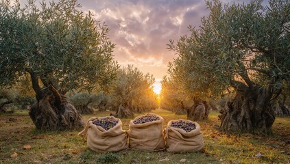 Three sacks filled with freshly harvested olives lie beneath a radiant sunset amidst olive groves in this wide-angle photo.