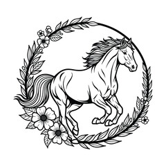 Dynamic horse running within a circular floral and leaf wreath equine animal