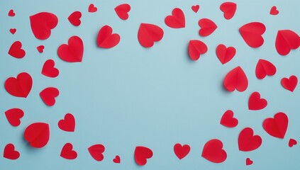 Assortment of red heart shapes scattered on a soft blue surface, representing love and affection, overhead perspective with room for text